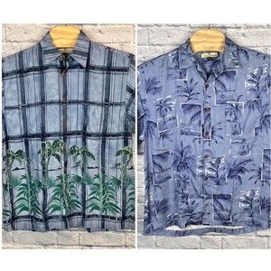 Lot 2 Tommy Bahama Men Silk Jacquard Palm‎ Tree Aloha Hawaiian Shirt Medium FLAW
